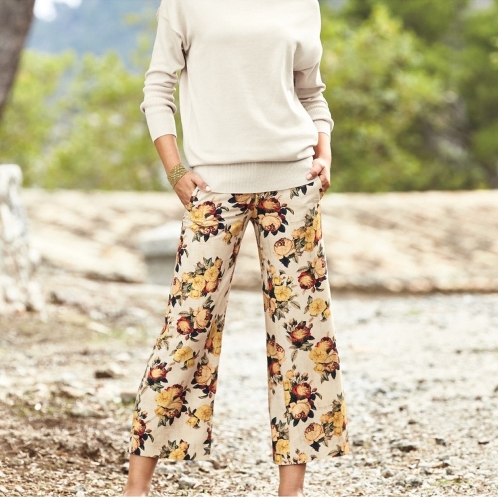 Peruvian Connection Primrose Cropped Floral Print Wide Leg Trousers Pant…‎
